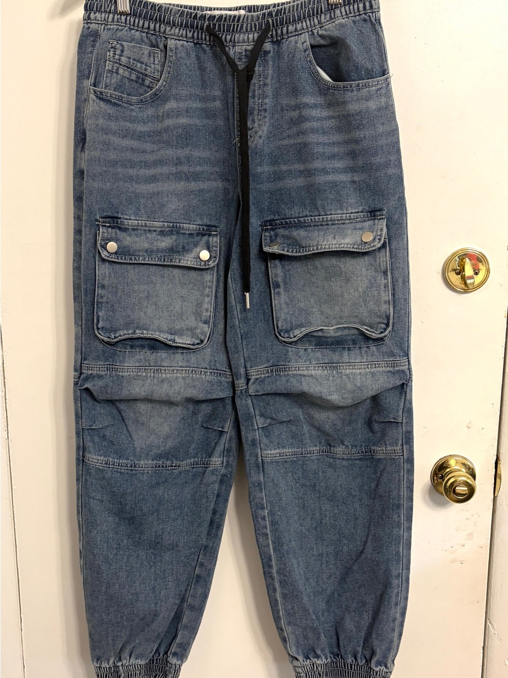 Fashion Nova Women's Distressed Blue Denim Cargo Jogger Pants - Size 9